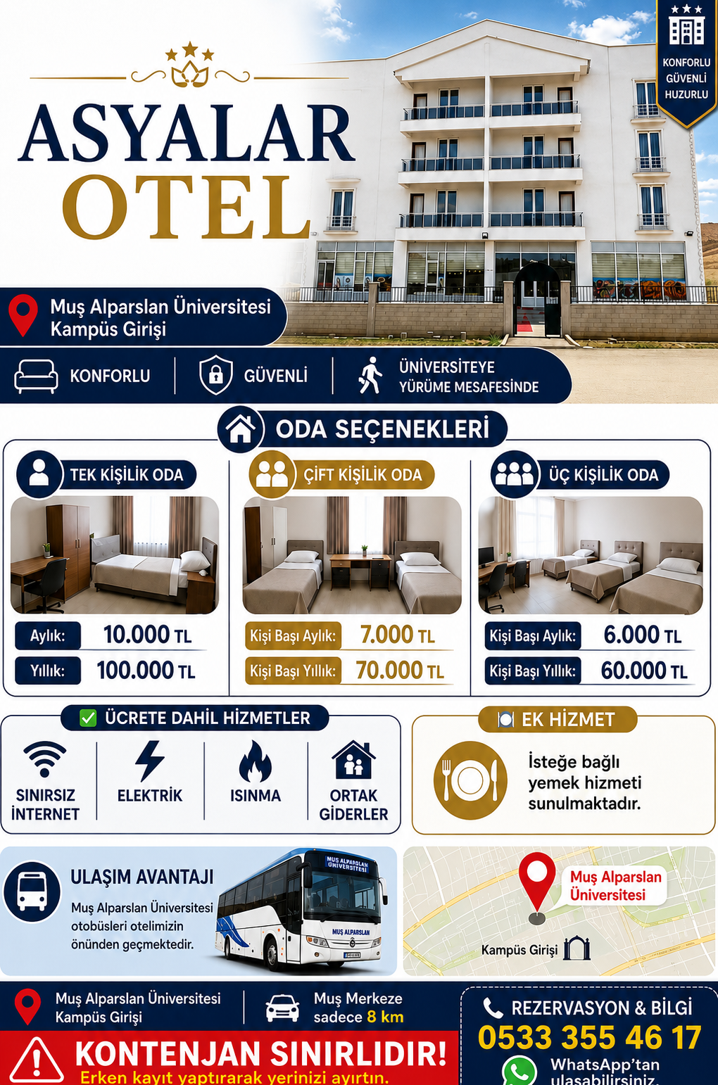 Asyalar Otel oda seçenekleri ve hizmet afişi